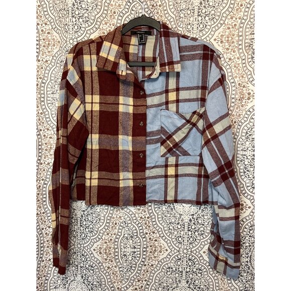 Forever 21 Patchwork Plaid Cropped Shirt Womens Size M - Picture 2 of 10